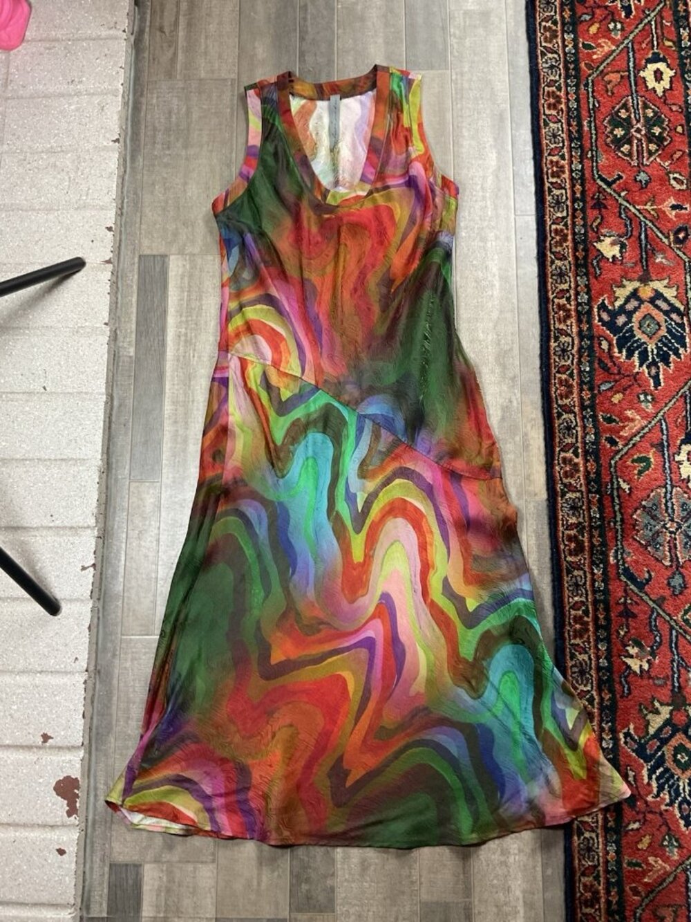 Raquel Allegra Dress Silk Rayon Print Kennedy Midi Multi Wave Size 00 Sleeveless - Picture 9 of 15